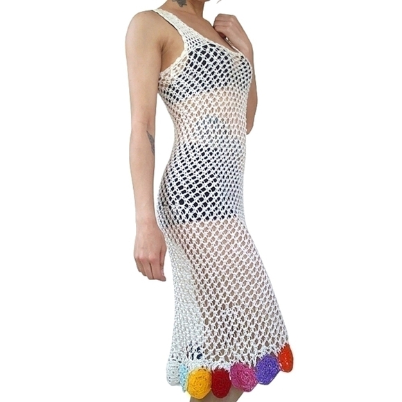 Vintage Cream Rainbow Crochet Boho Summer Dress Small - Picture 3 of 7
